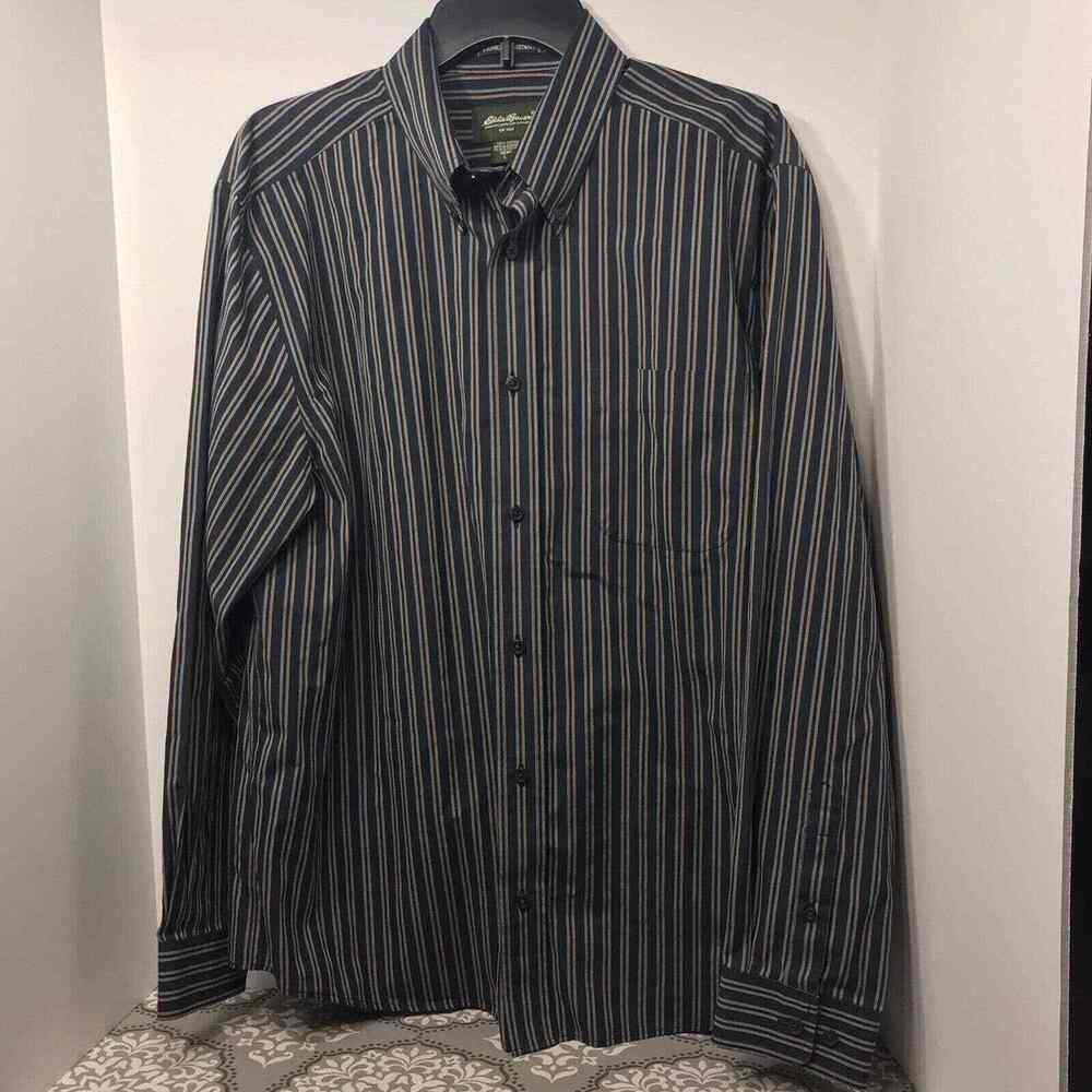 Eddie Bauer Men’s LS Button Down Shirt Blue Gray Gold Striped Cotton Large